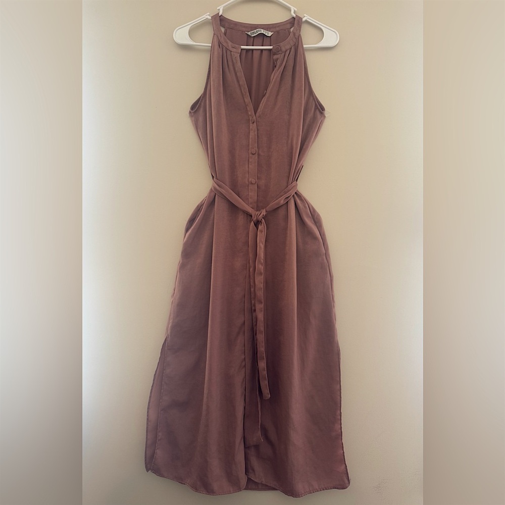 ZARA Basic Dusty Rose Sleeveless Button Front Midi Dress Size S Belted